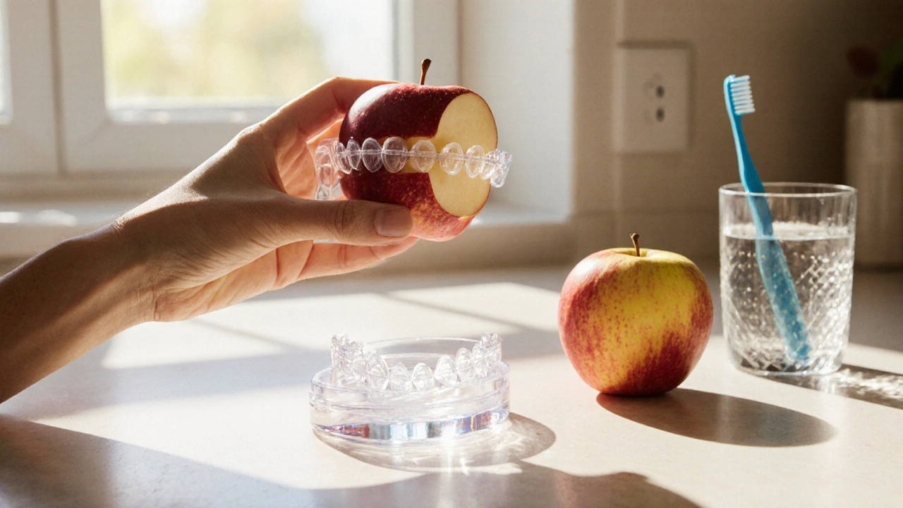 Žena si vyndává rovnátka, aby snědla jablko, na stole krabička a čisticí potřeby.