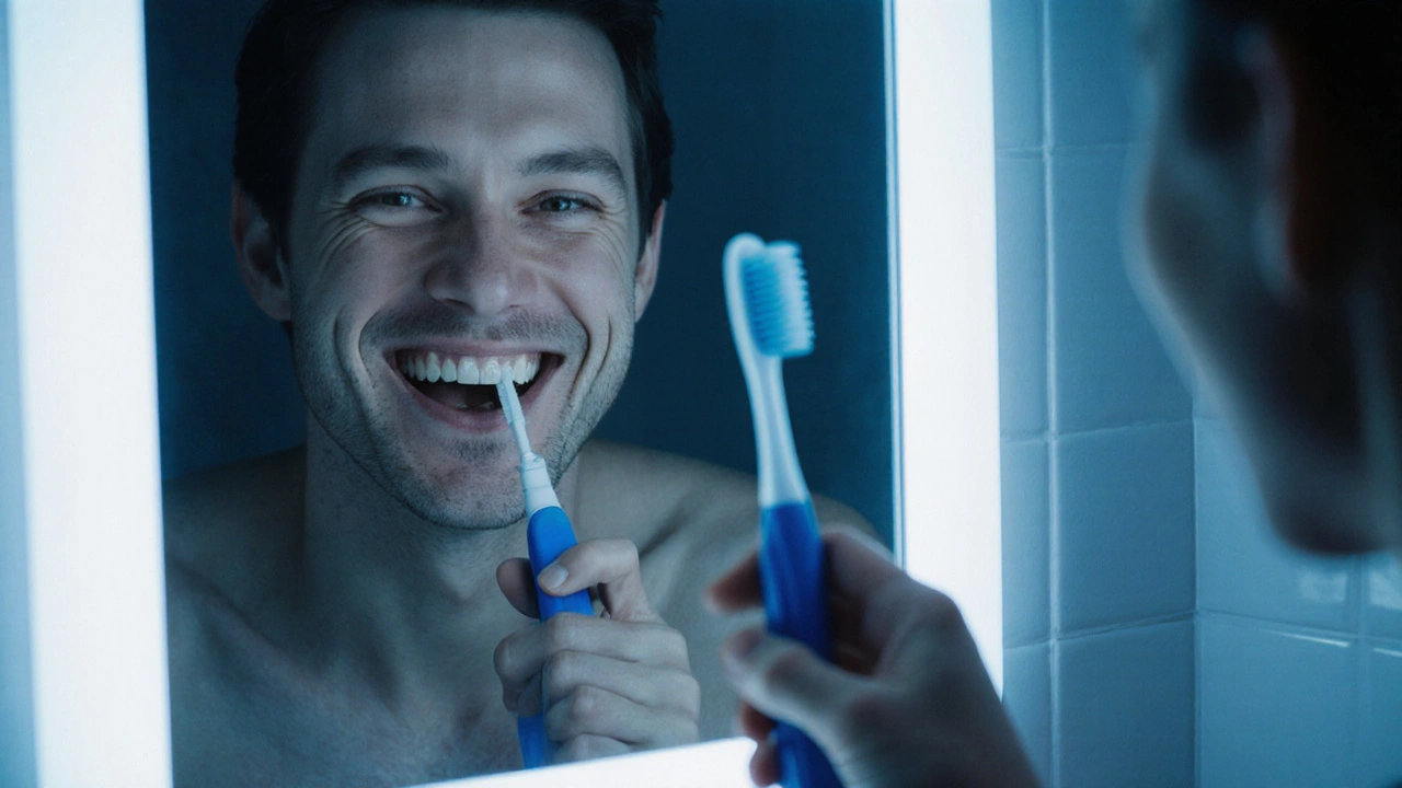 Zrcadlový odraz zubu s temnou kavou, která se blíží k kořeni, při zrcadlení úsměvu.