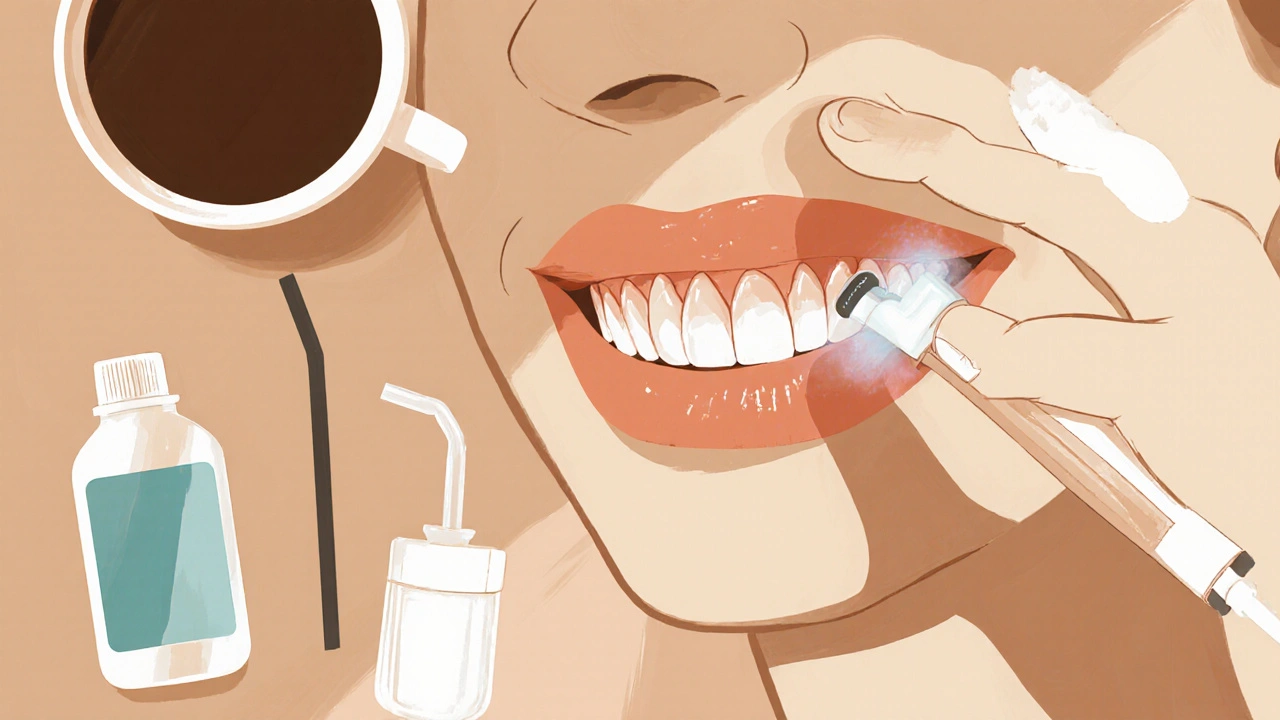 Zubní hygienistka čistí fazety jemným ultrazvukovým nástrojem v klinice.