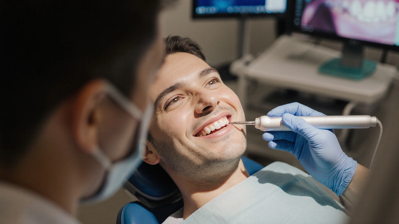 Zubní lékař odstraňuje kámen pod dásní ultrazvukovým nástrojem.