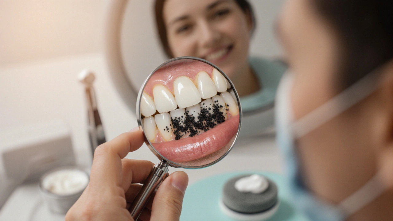 Zubní zrcátko ukazuje černý kámen u dásně, v pozadí jsou nástroje pro čištění.