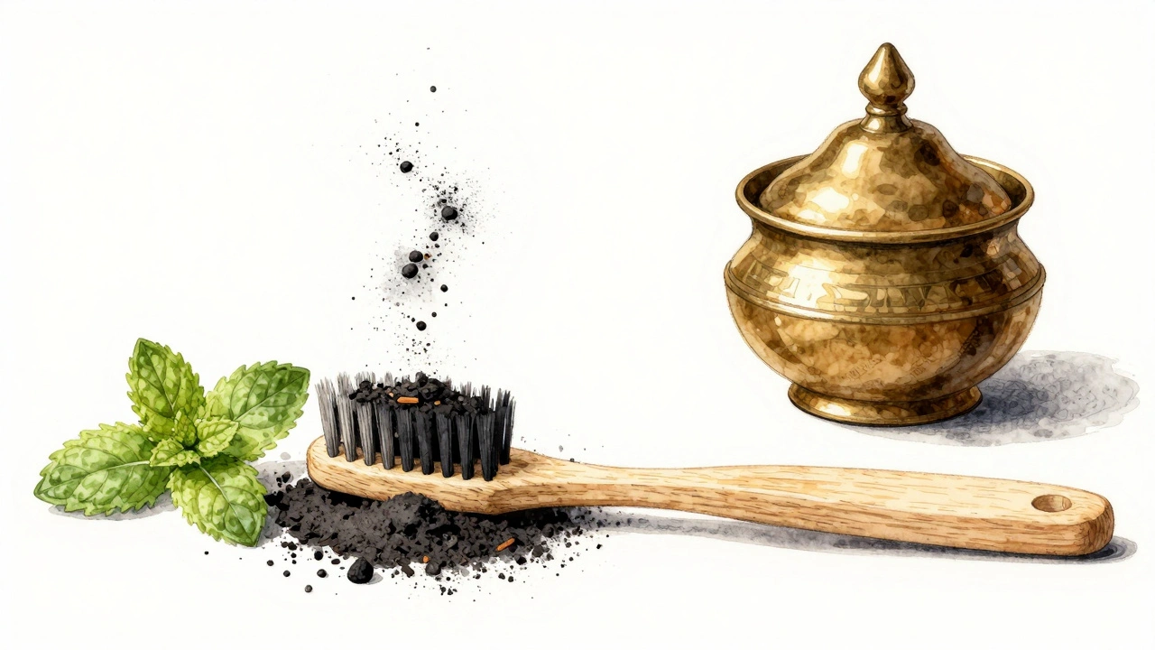 Ayurvedický zubní prášek aplikovaný na suchý kartáček s přírodními složkami.