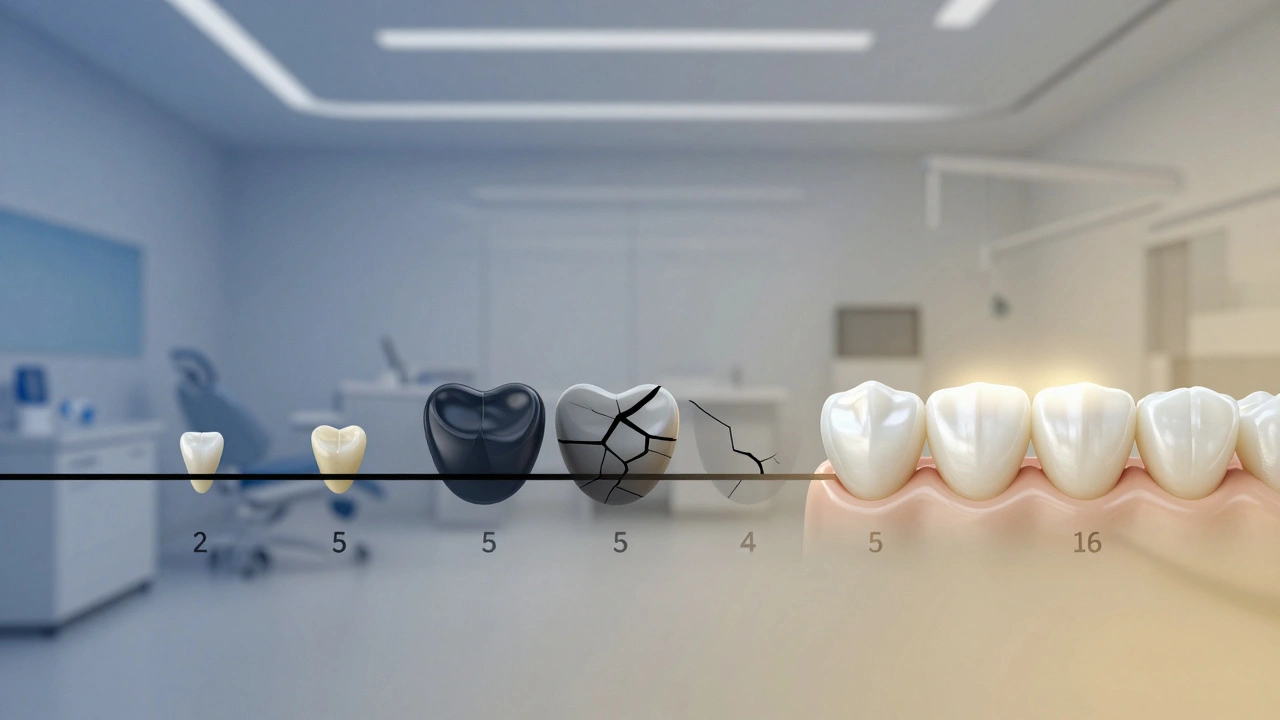 Časová osa přeměny bílé plomby na trvalou celokeramickou fazetu v estetickém kontextu.