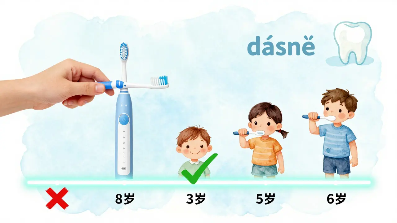 Časová osa ukazující, kdy je vhodné začít používat elektrický zubní kartáček u dítěte.
