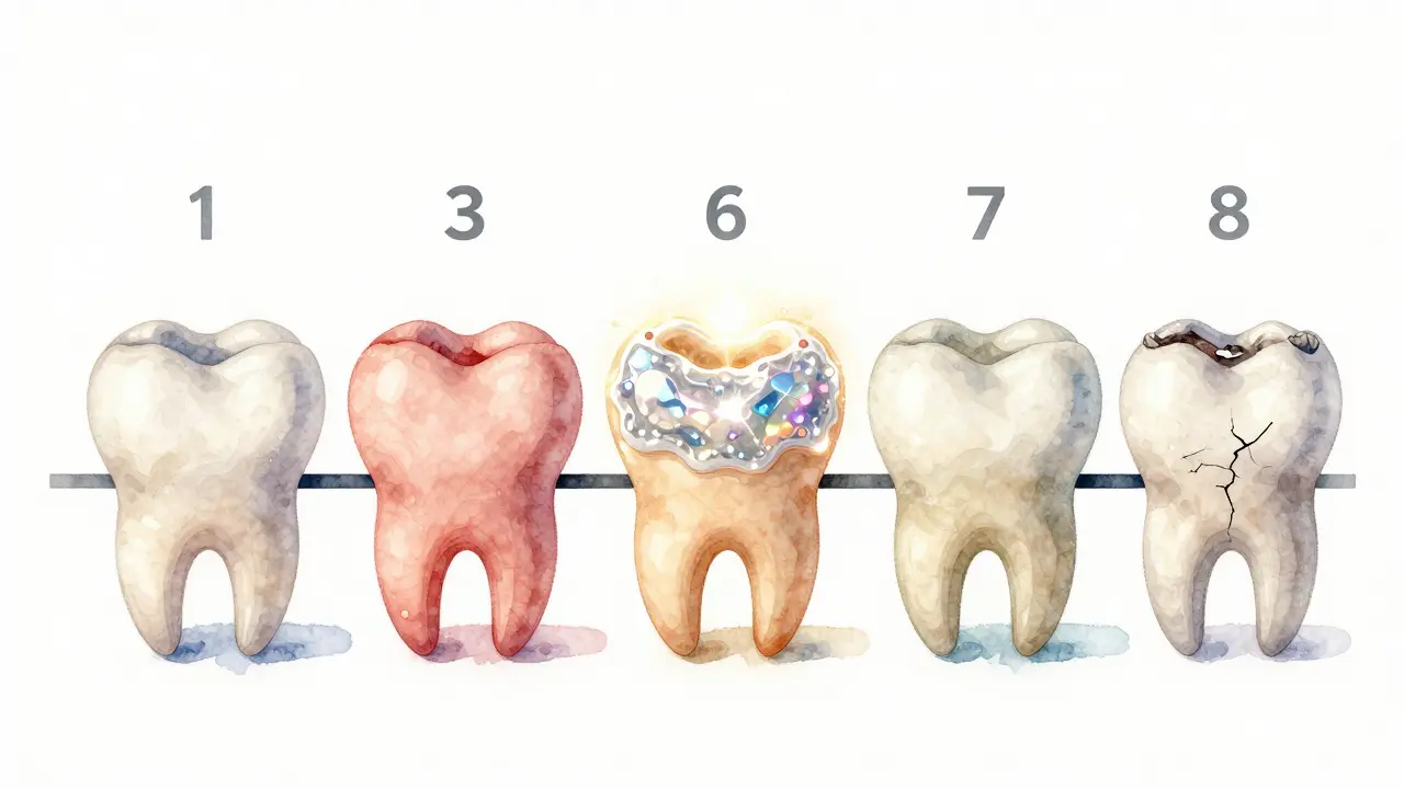 Časová osa vývoje dětských zubů s ochrannými záplavami a zdravými zuby.