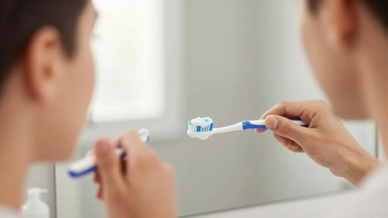 Člověk čistí přední zuby správnou technikou Bass pod úhlem 45 stupňů.