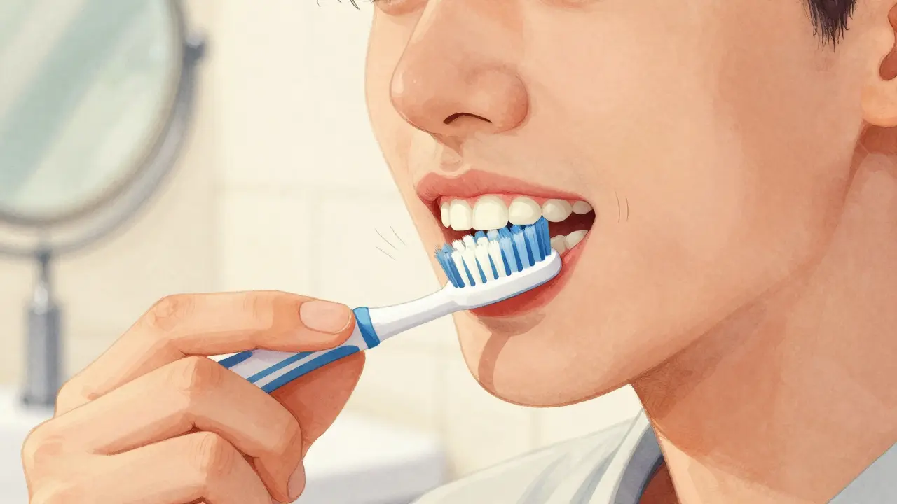 Člověk čistí zuby správnou technikou Bass s kartáčkem pod úhlem 45 stupňů.