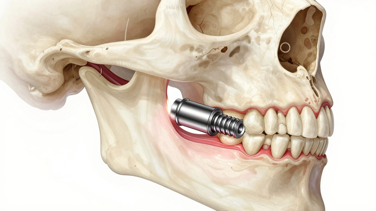 Cross-section of jawbone showing titanium implant integrated with new bone growth.
