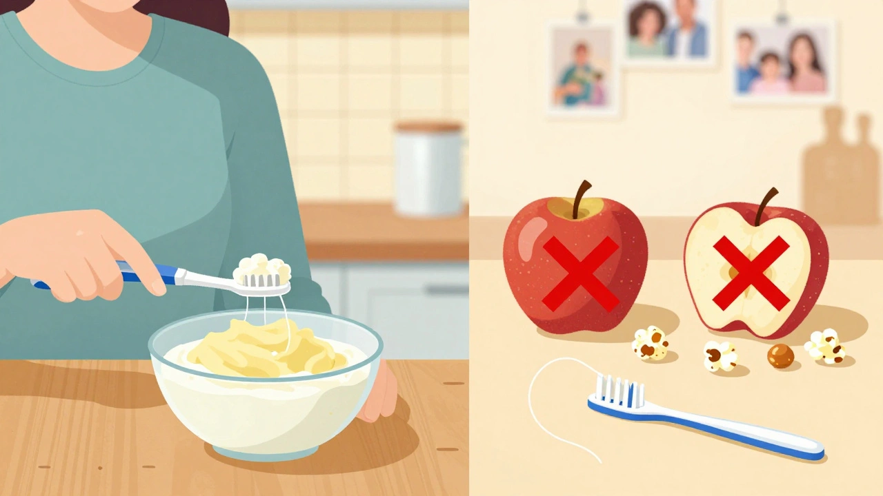 Denní rutina s rovnátky: měkké potraviny a čisticí nástroje, tvrdé potraviny s křížky.