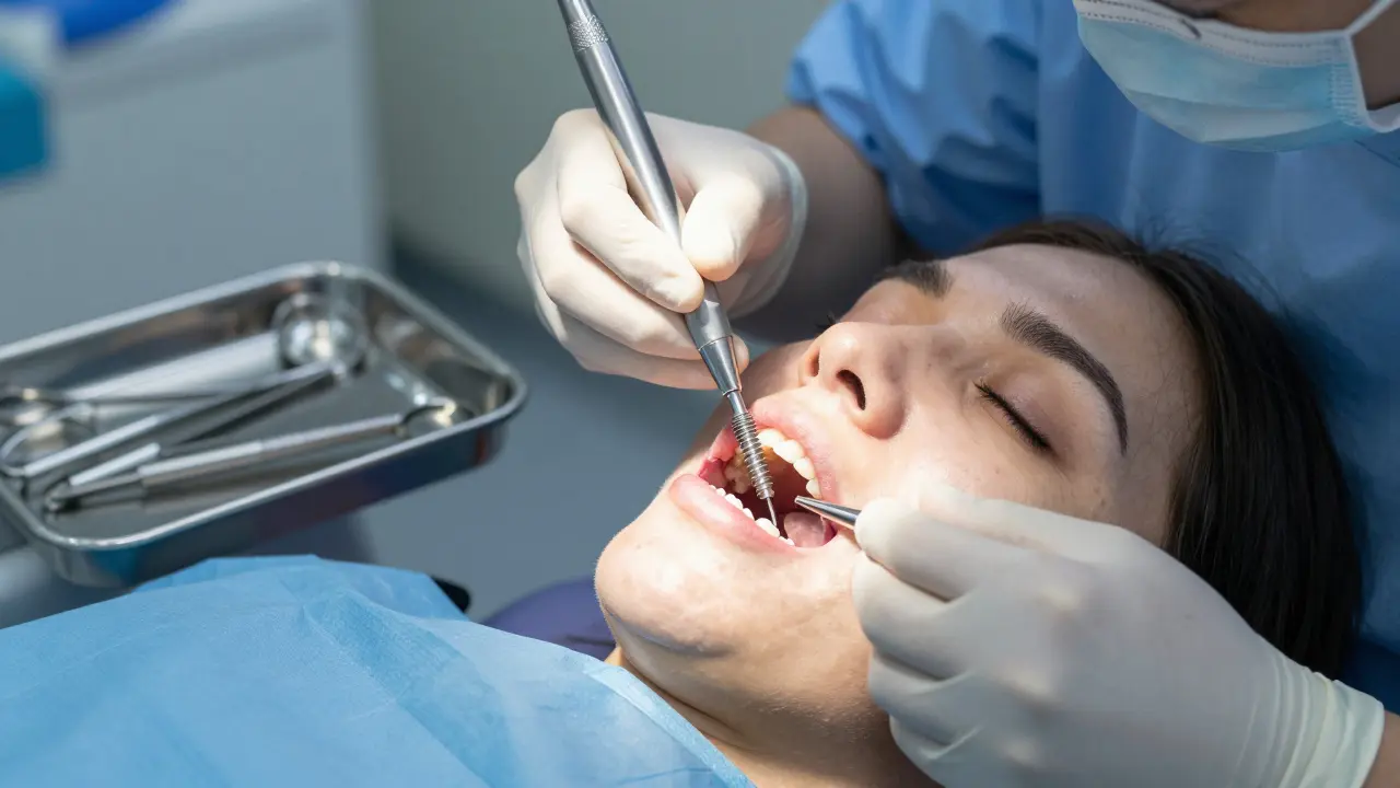 Dental surgeon placing titanium implant into jawbone during surgery.