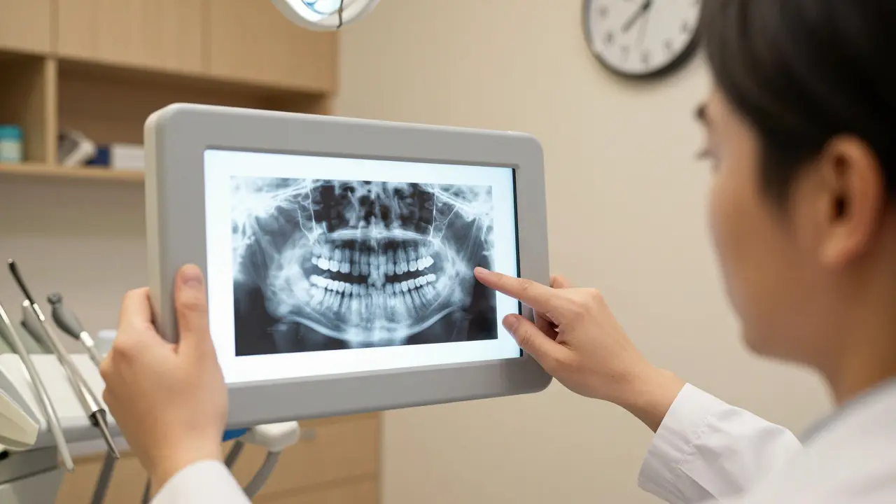 Dentist explaining panoramic X-ray results to patient in a dental office.