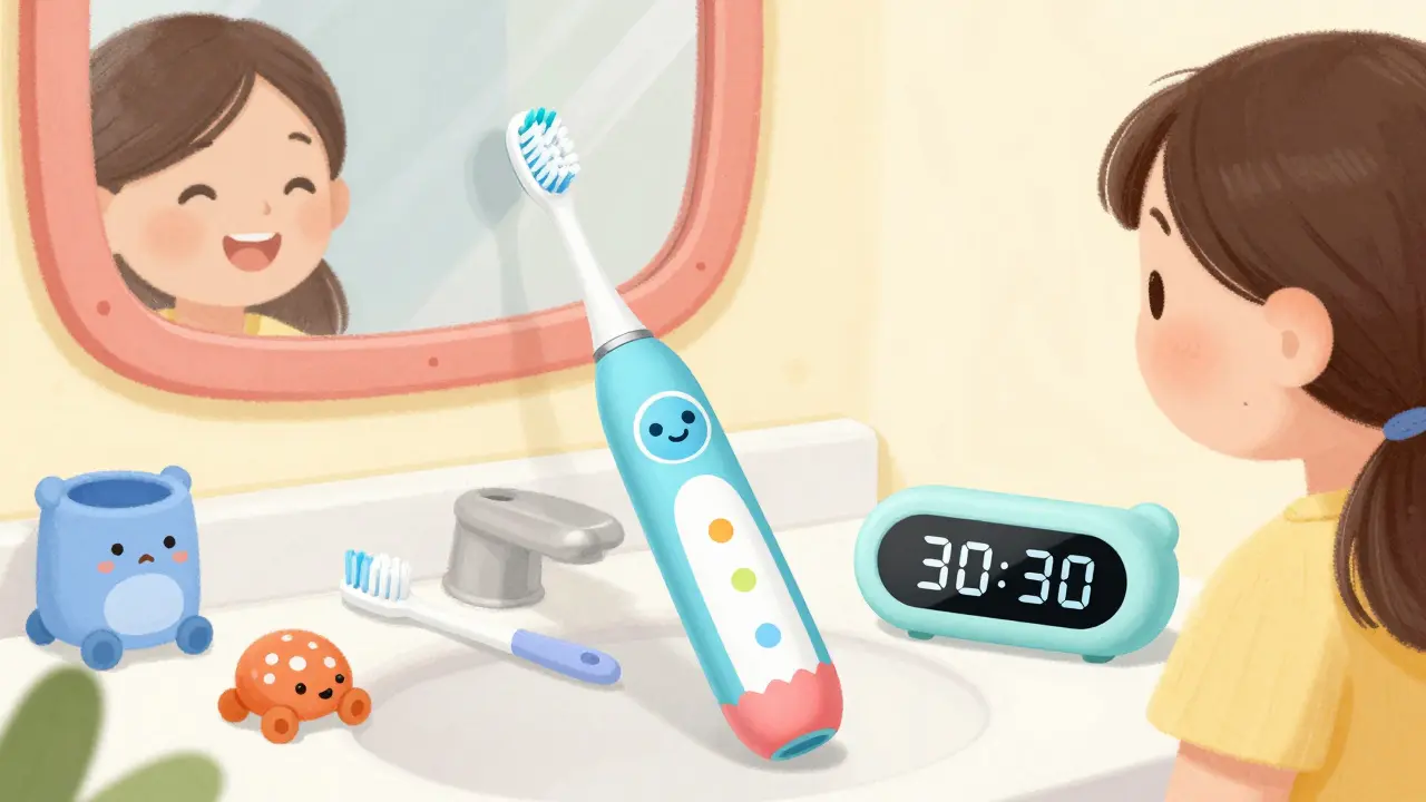 Dětský elektrický zubní kartáček s LED světly a robotickým designem leží vedle časovače a hraček.