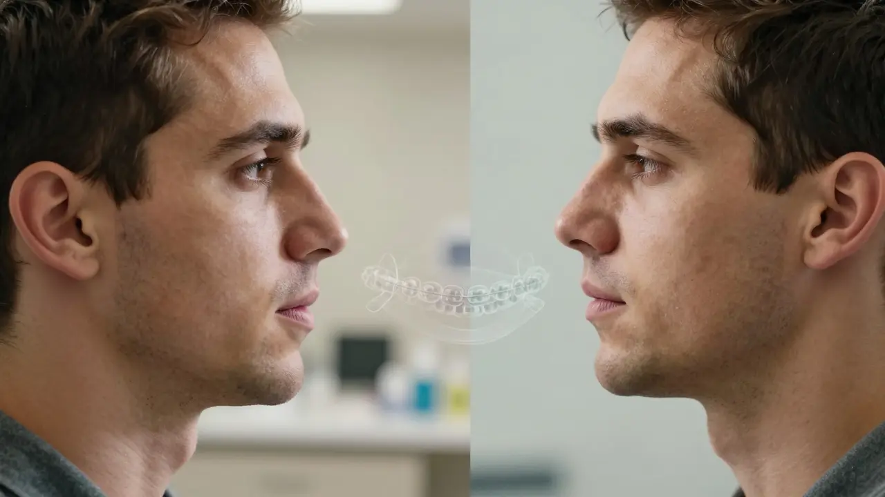 Dvě stejné fotografie muže před a po ortodoncii, s jemným přechodem mezi nimi.