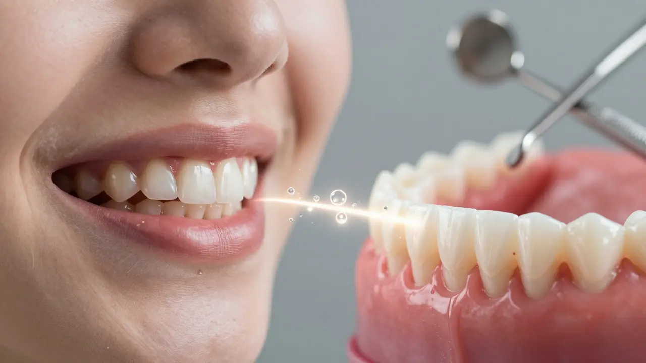 Dvě strany úsměvu: jedna znečištěná, druhá čistá a zářivá, spojené proudem slin.