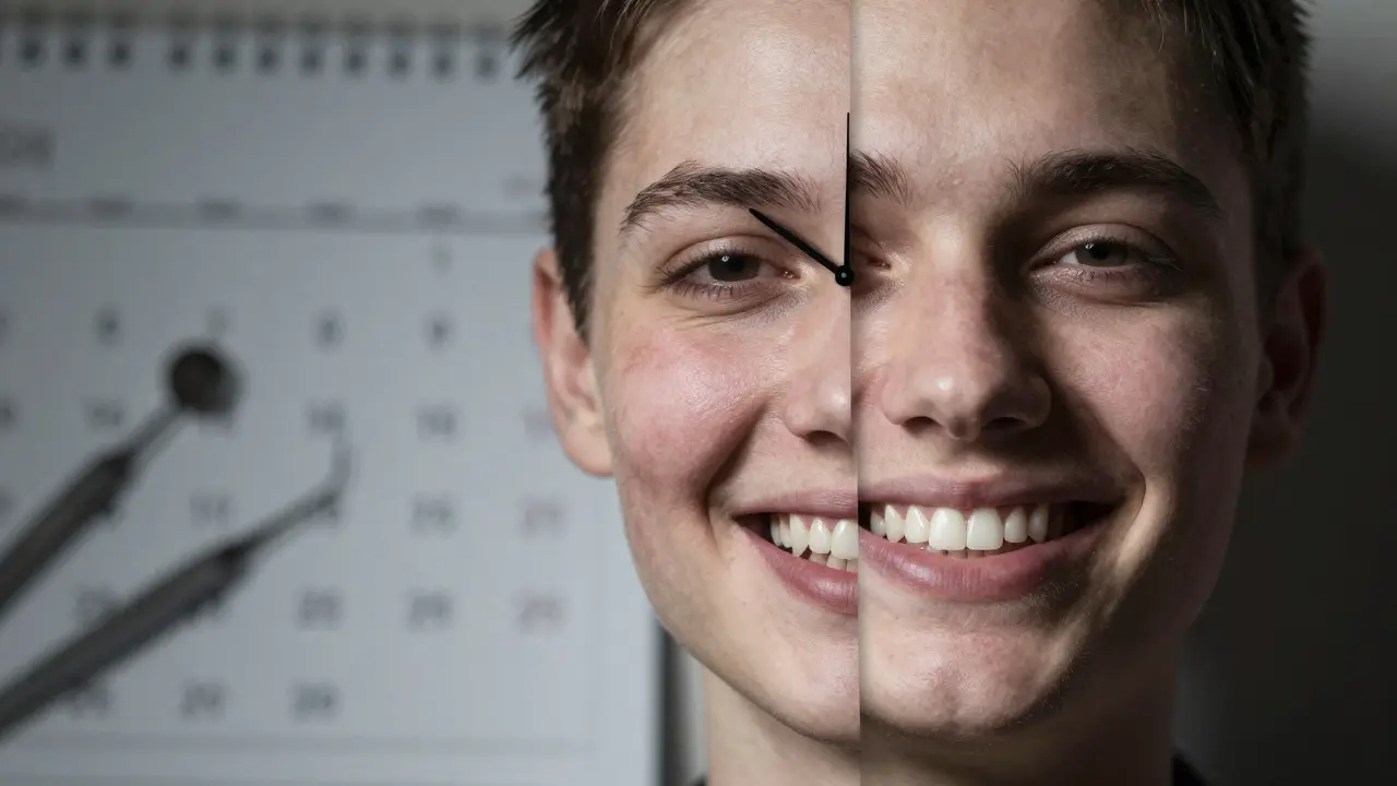 Dvě tváře: jedna s rozpadem zubů, druhá se zdravým úsměvem – přechod od destrukce k obnově.