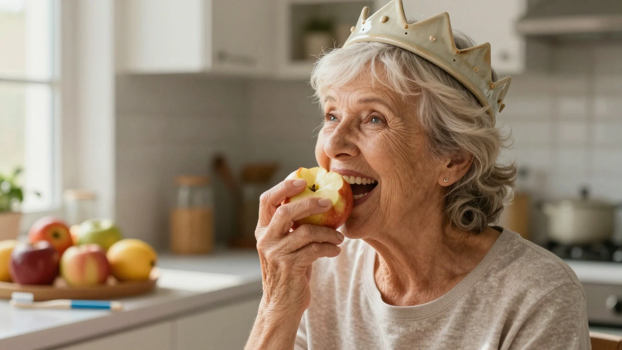 Elderly woman smiling while eating an apple with a natural-looking dental crown.