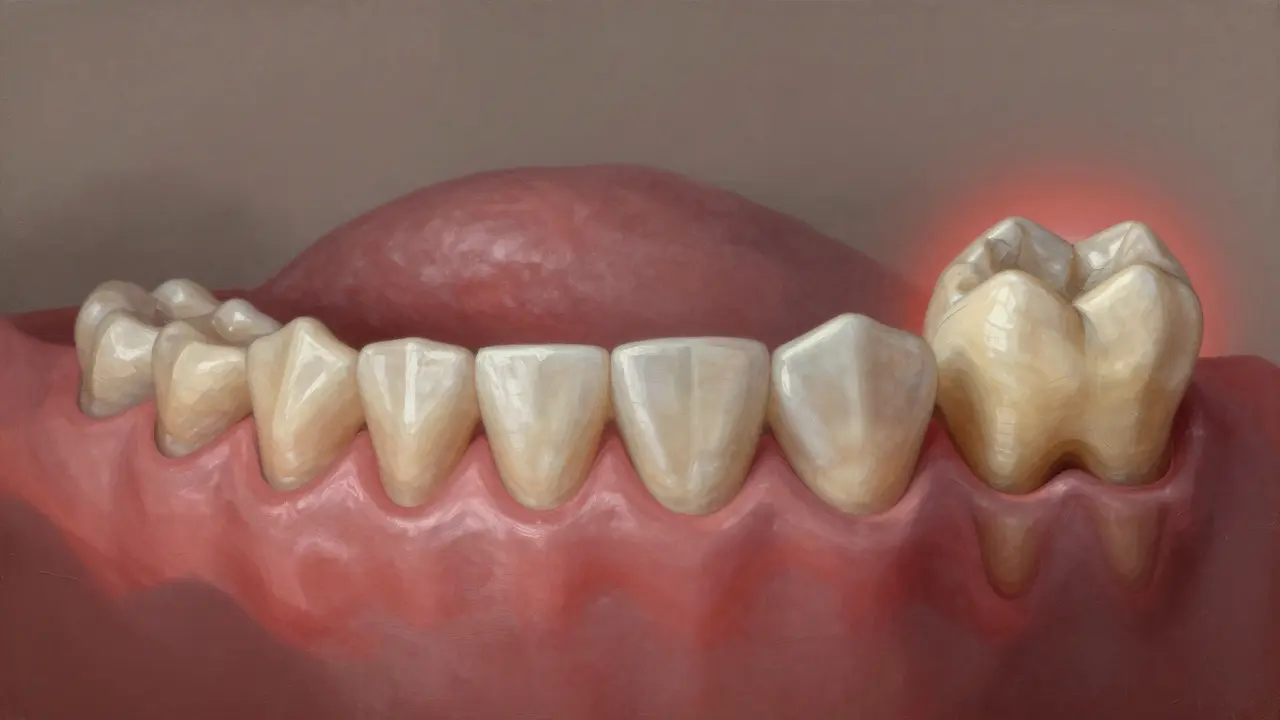 Grafické znázornění pokroku parodontitidy od zdravých dásní k ztrátě kosti a zubu.