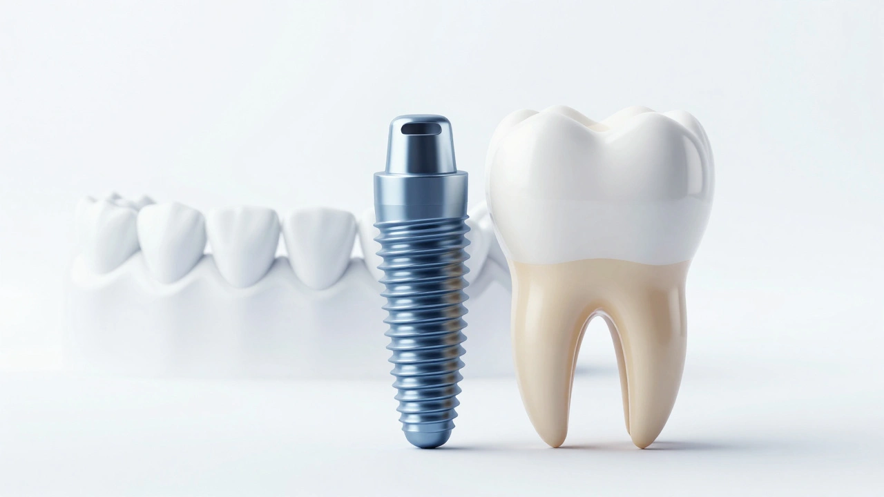 Implantát v čelisti vedle zdravého zubu, zatímco můstek je na pozadí jako méně ideální volba.