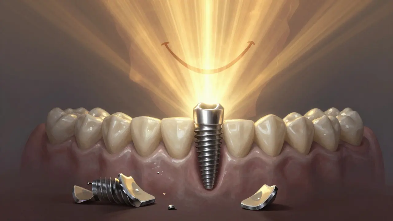 Keramický implantát v čelisti s paprsky světla symbolizujícími obnovu.