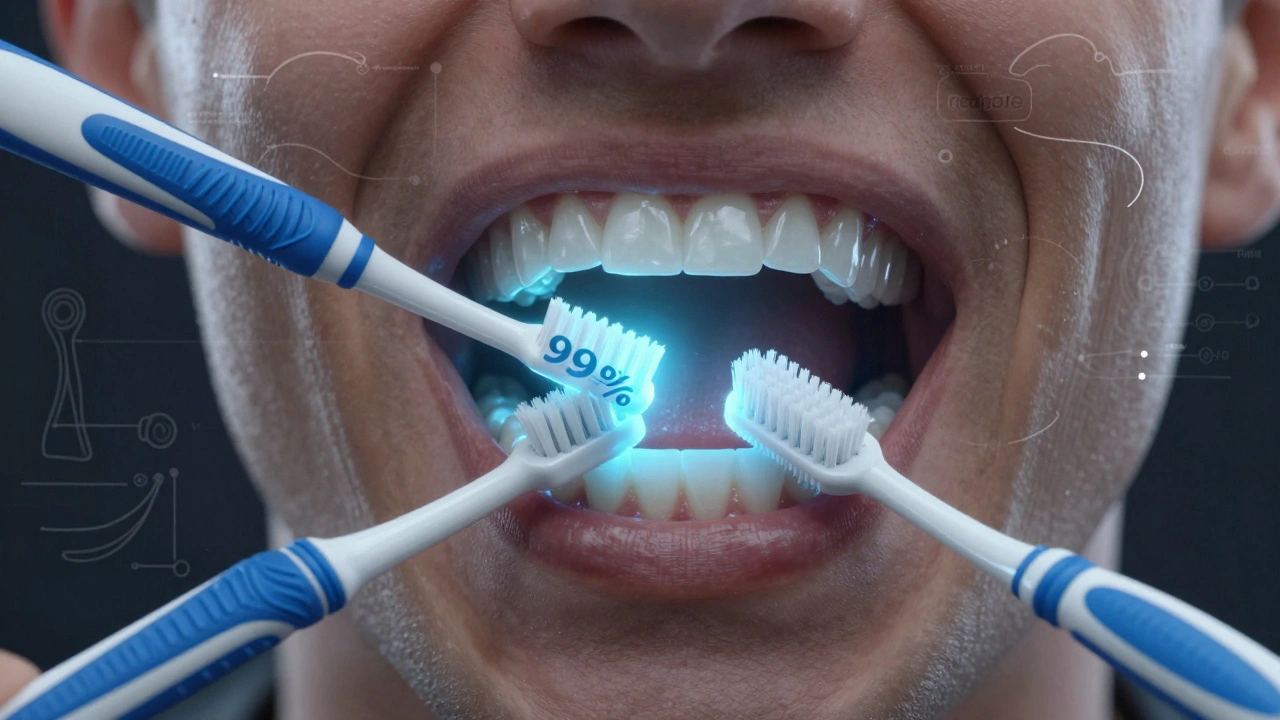 Koncepční ilustrace zubů s odstraněním zubního plaku různými kartáčky