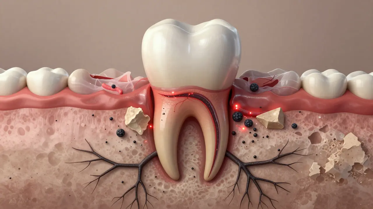 Koncepční obrázek zubního kořene s kámenm a ničenou kostí, symbolizující destrukci a prevenci.
