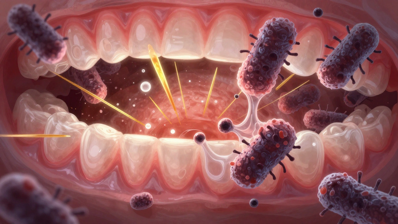 Konceptuální znázornění boje bakterií proti přírodním látkám pod dásními.