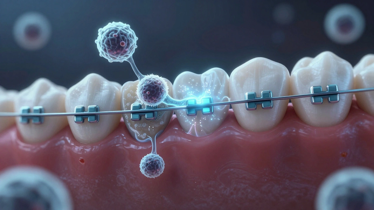 Mikroskopický pohled na rozklad sklovin zubu bakteriemi a obnovu minerálů fluoridem.