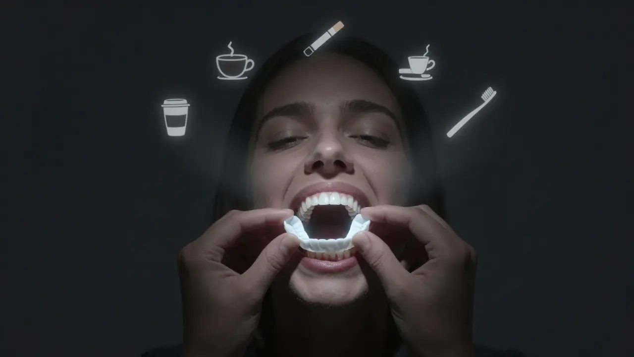 Osoba si v nočních hodinách vkládá domácí zubní šablonu, kolem ní symboly kávy, tabáku a kartáčku postupně zhasínají.