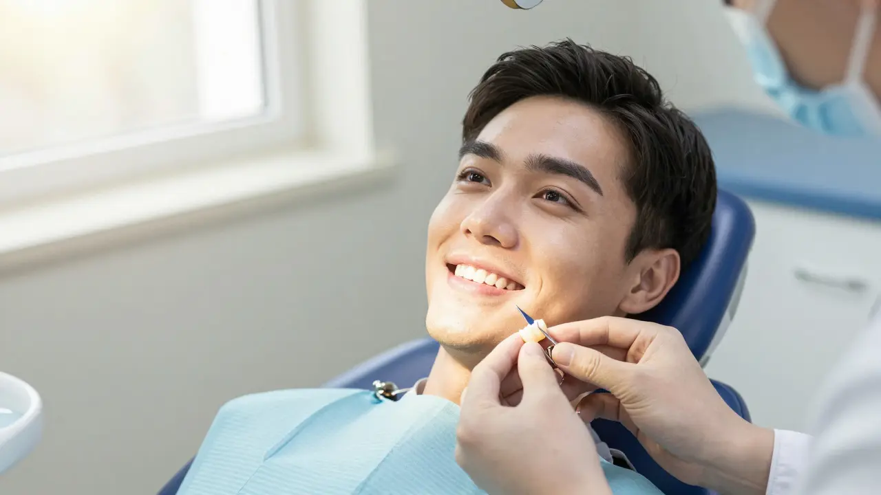 Pacient se usmívá s novou keramickou korunkou na zubu.