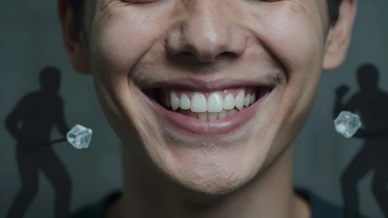 Person smiling with white fillings, shadows of bad habits behind them.