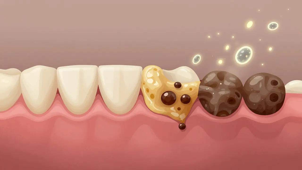 Postupné tvorba zubního kamene od plaku až po tvrdý nános u dásní.