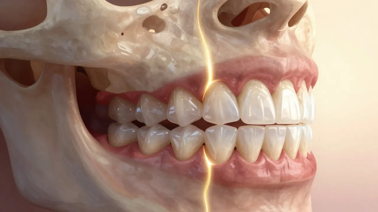 Přechod poškozených zubů na krásné keramické náhrady v anatomickém zobrazení.