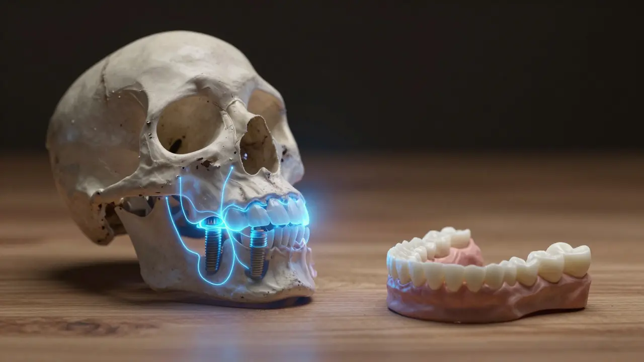 Přehled kosti s implantáty podporujícími protézu a starší protézou vedle.