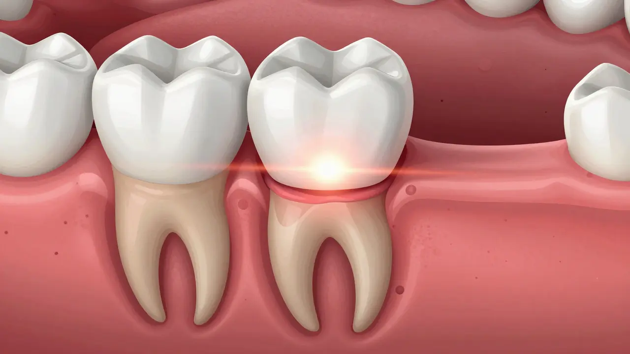 Příčný řez zubu s e-max korunkou a zánětem okolní tkáně.