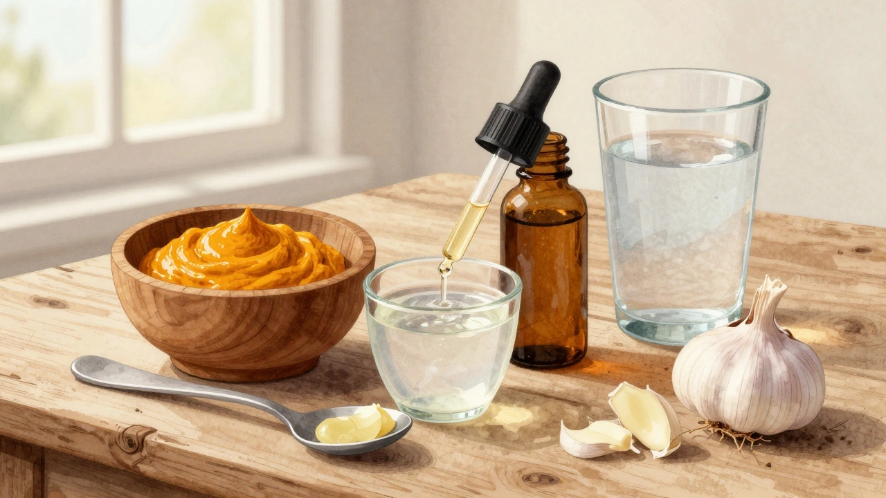 Přírodní prostředky proti zubnímu kamenu: kurkuma, čajovník, olej a slaná voda na dřevěném stole.