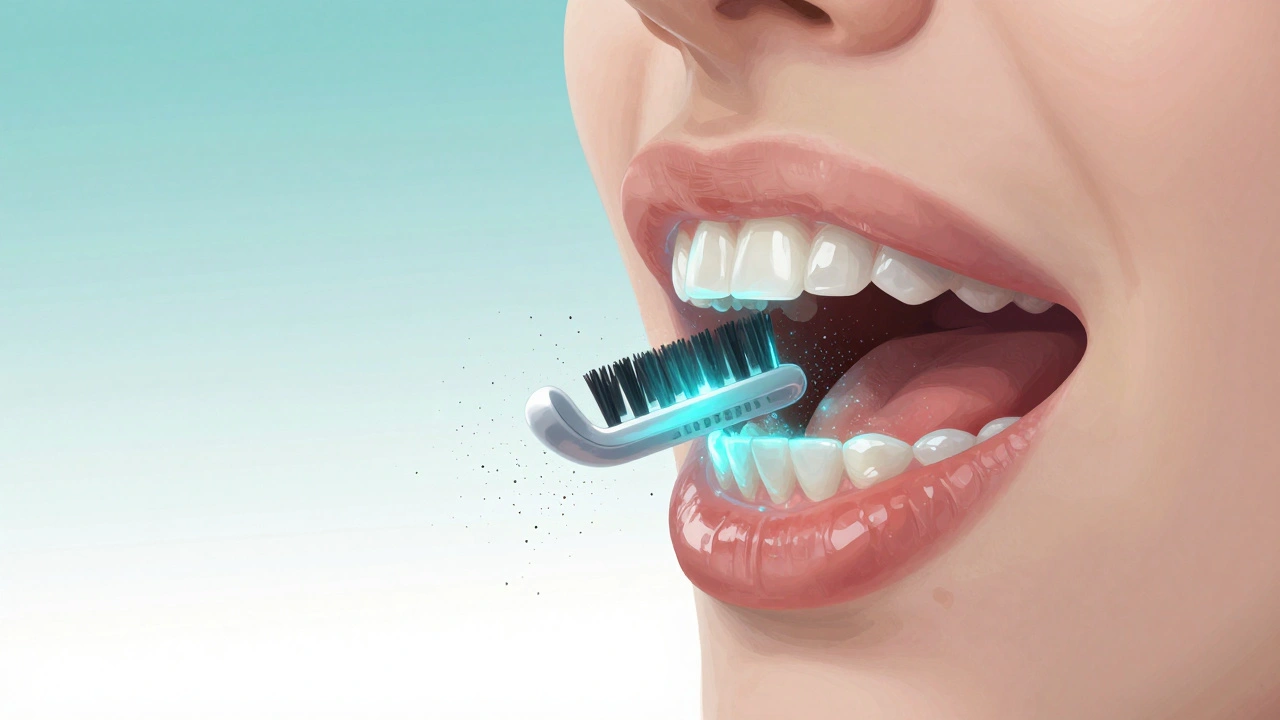 Průhledná ústní dutina s odstraňováním plaku jemnými černými štětinami bez chemikálií.