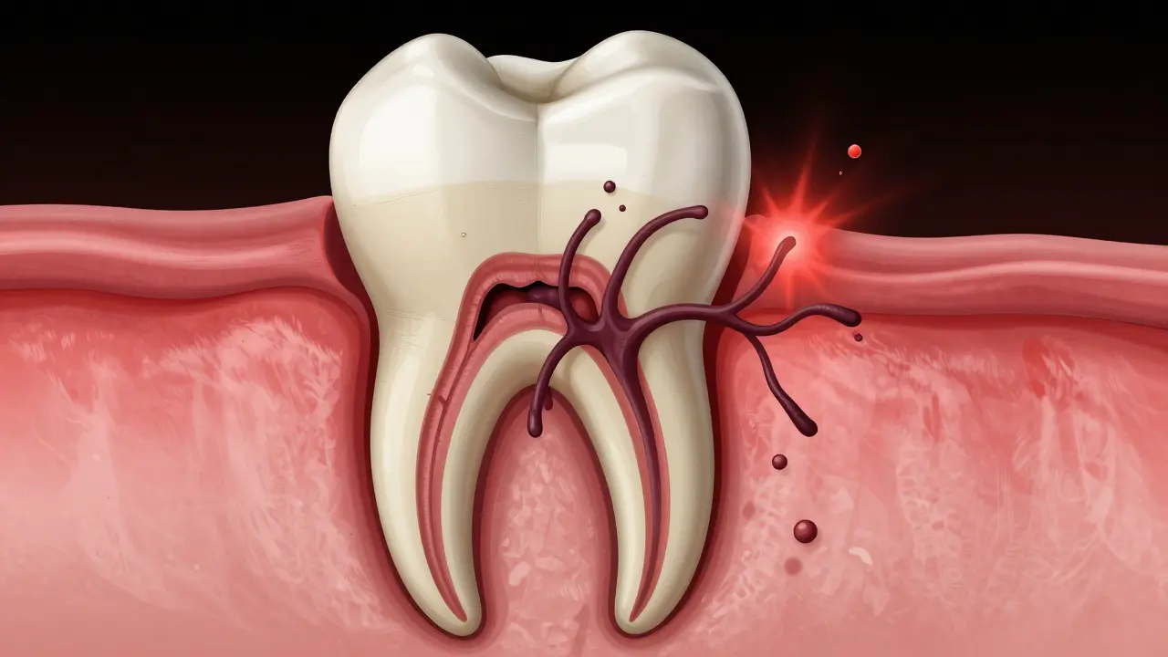 Průřez poškozeného zubu s infikovanou pule a šířící se infekcí do čelisti.