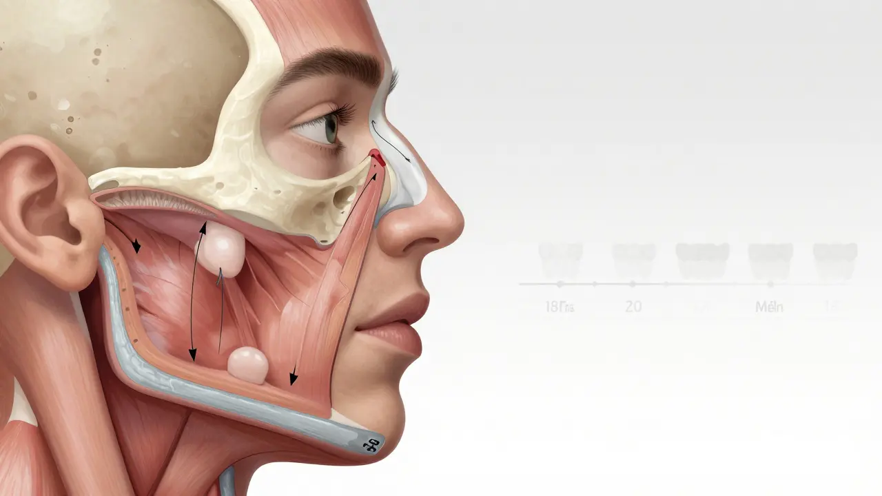 Průřez tváře ukazující pohyb čelistí a přirozenější polohu nosu díky rovnátkům.