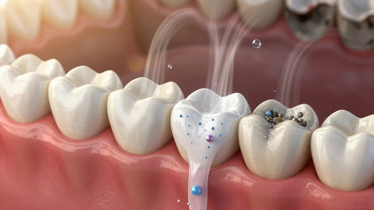 Průřez zubem ukazující obnovu skloviny minerály ze slin po odstranění plaku.