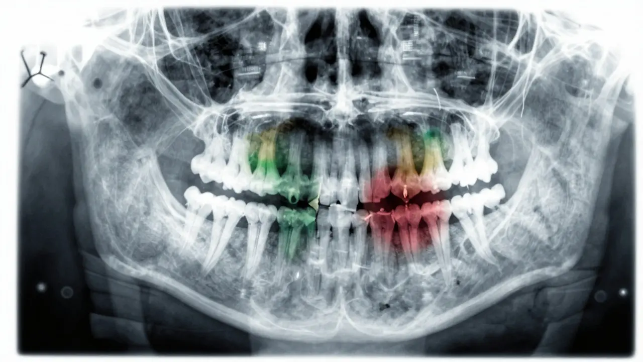 Rentgenový snímek zubu s viditelným poškozením kořene a infekcí.