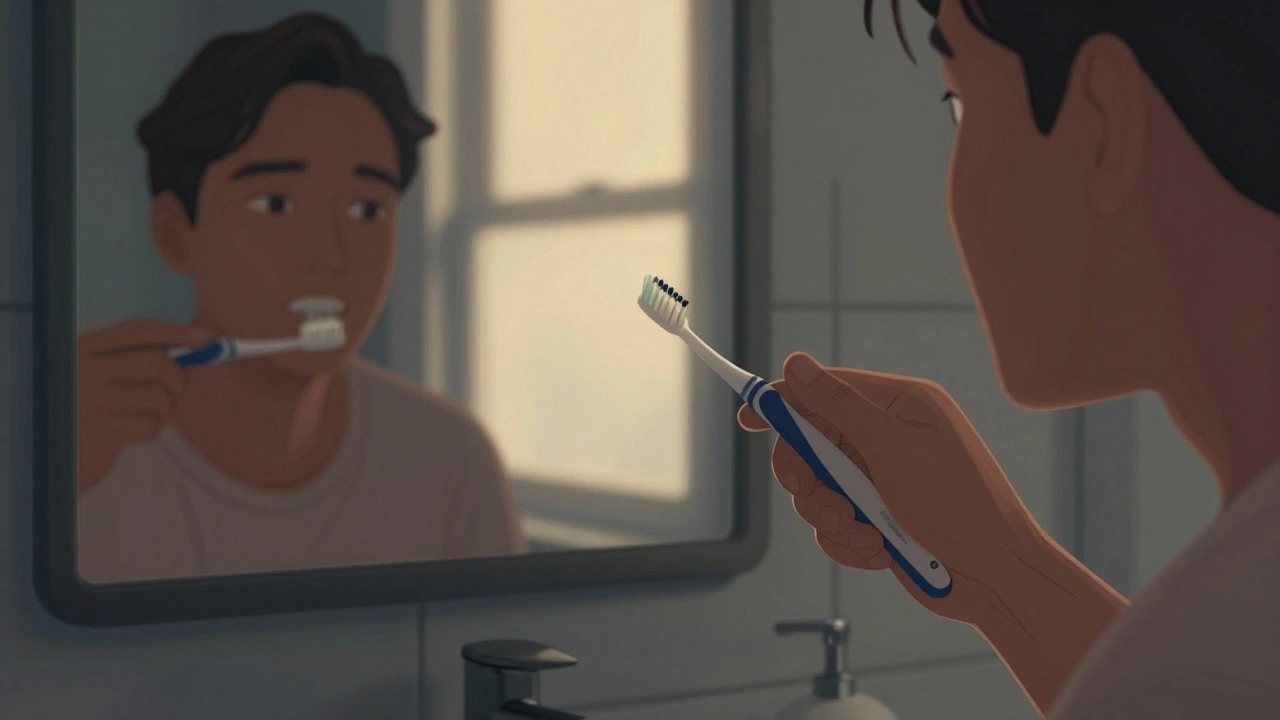 Ruka drží malý Curaprox kartáček při čištění zadních zubů v klidné koupelně.