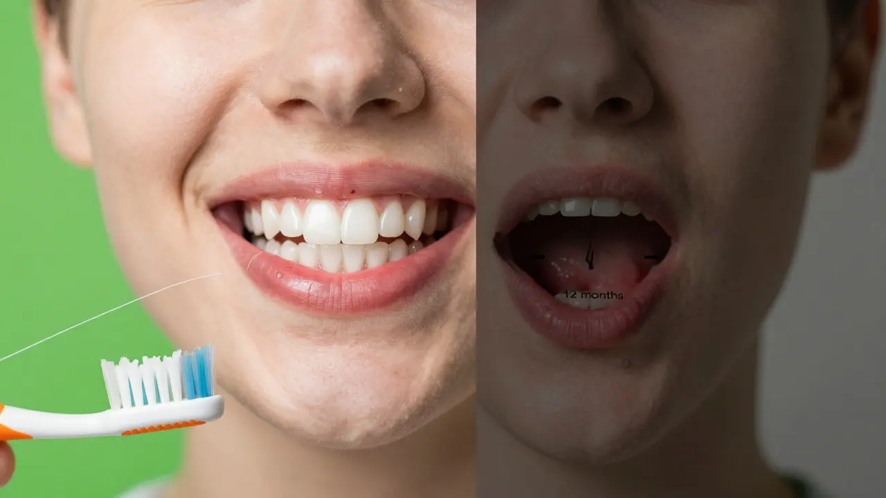 Split image: healthy mouth on left, neglected oral health on right with clock symbolizing delay.