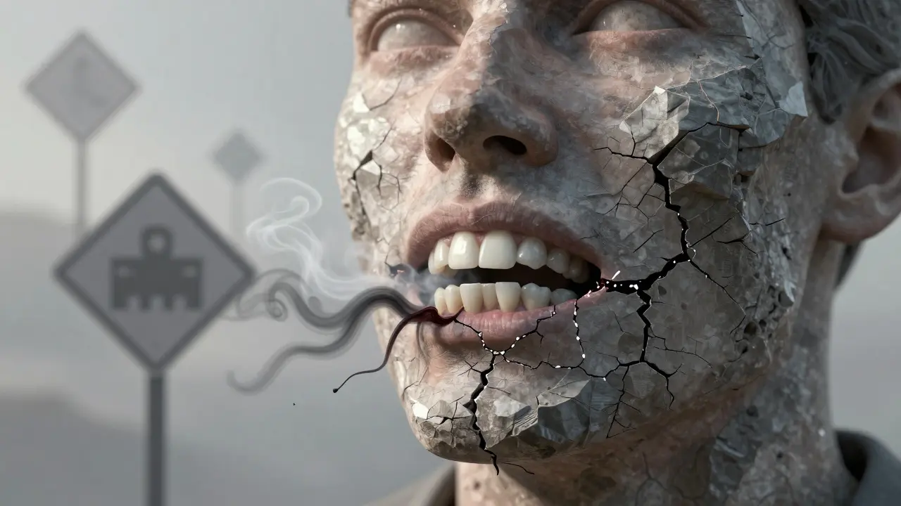 Symbolický obraz tváře rozpadající se z důsledku zánětu zubu, kouř stoupá k nebi.