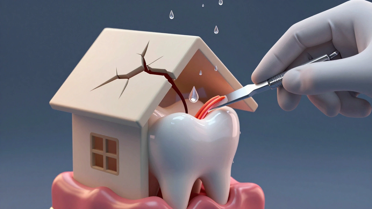 Symbolický obrázek zubu jako domu s poškozenou střechou, kterou lékař opravuje