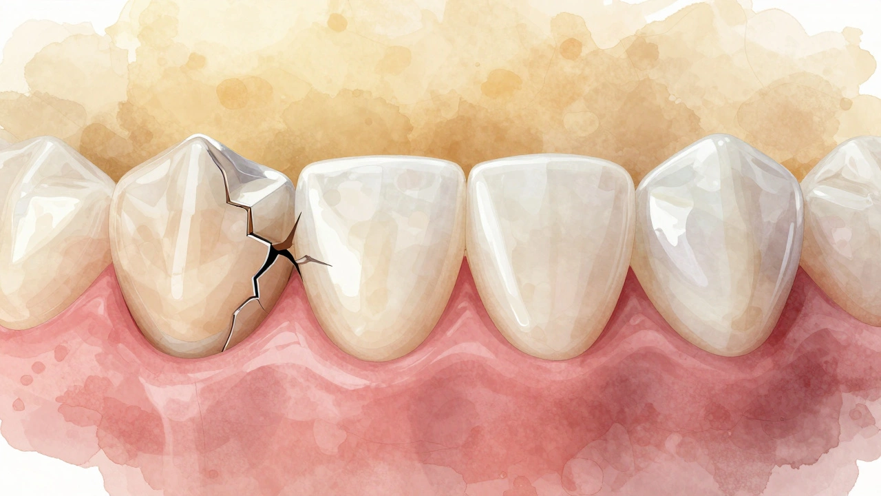 Tenká celokeramická fazeta přilepená na zub, s porovnáním staré plomby a nové, lesklé keramiky.