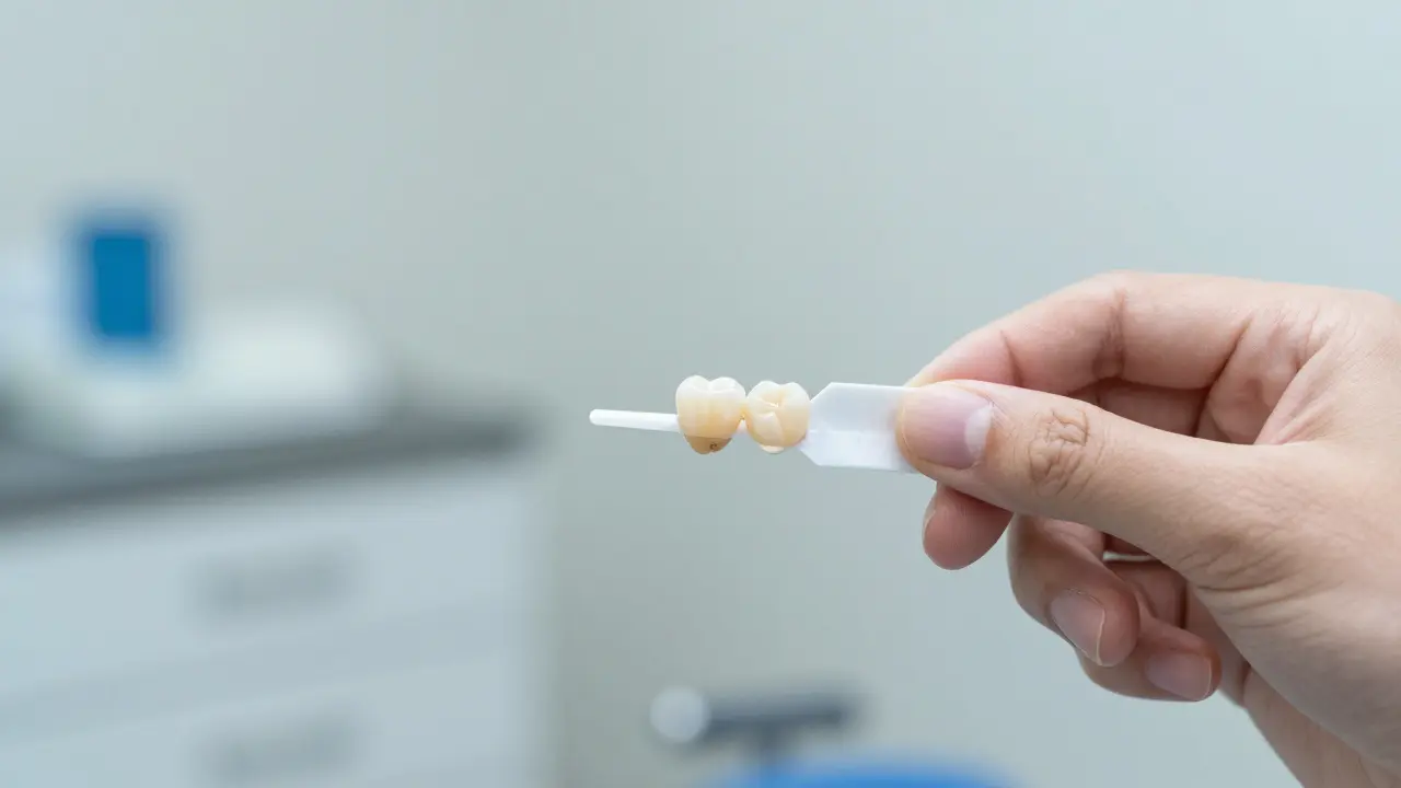 Tenký papír mezi zuby ukazuje úpravu příliš vysokého kontaktu korunky.