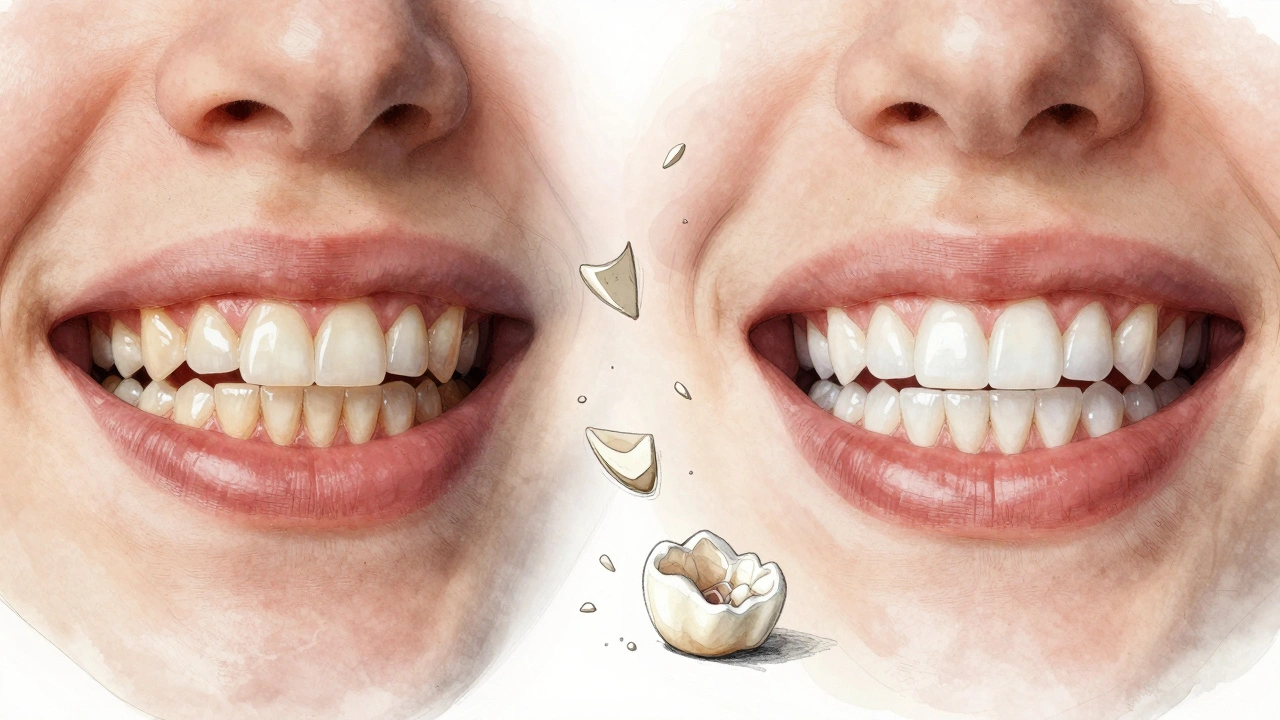 Umělecký před a po obraz zubů s přechodem od nekvalitních zubů k přirozeným fazetám.