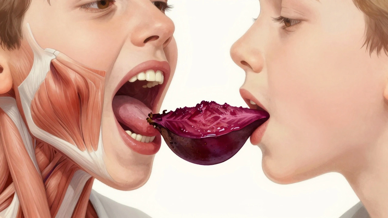 Vnitřní pohled na svaly úst dítěte při žvýkání, s porovnáním vývoje.