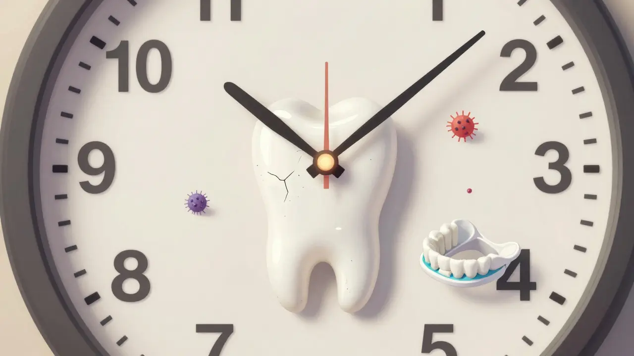 White dental filling with timeline showing 1-3 year failure vs 7+ year durability.