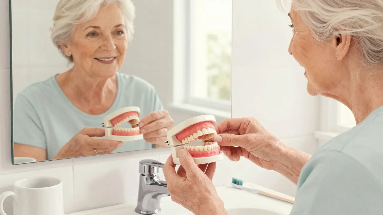 Žena vyjímá celkovou protézu před zrcadlem v koupelně.